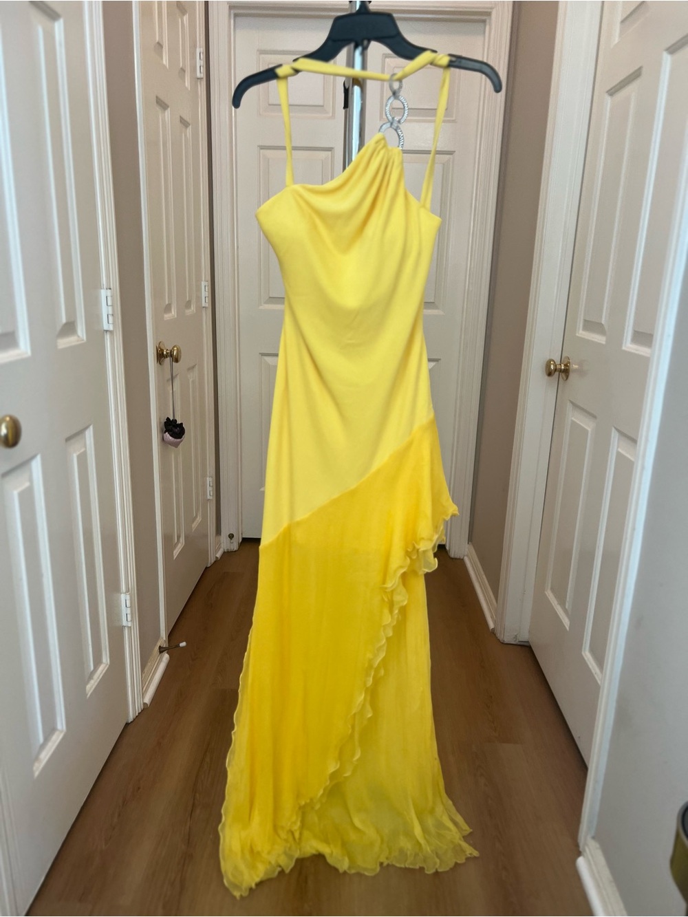 Nicole Bakti Yellow One-Shoulder Evening Gown with Ruffle Overlay